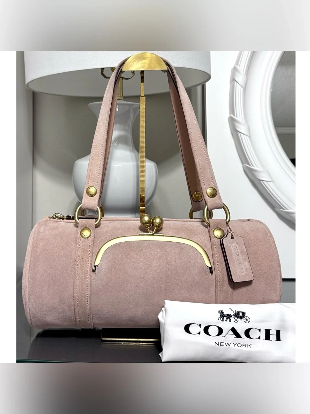 COACH Kisslock Medium Suede Barrel Bag, NUAGE